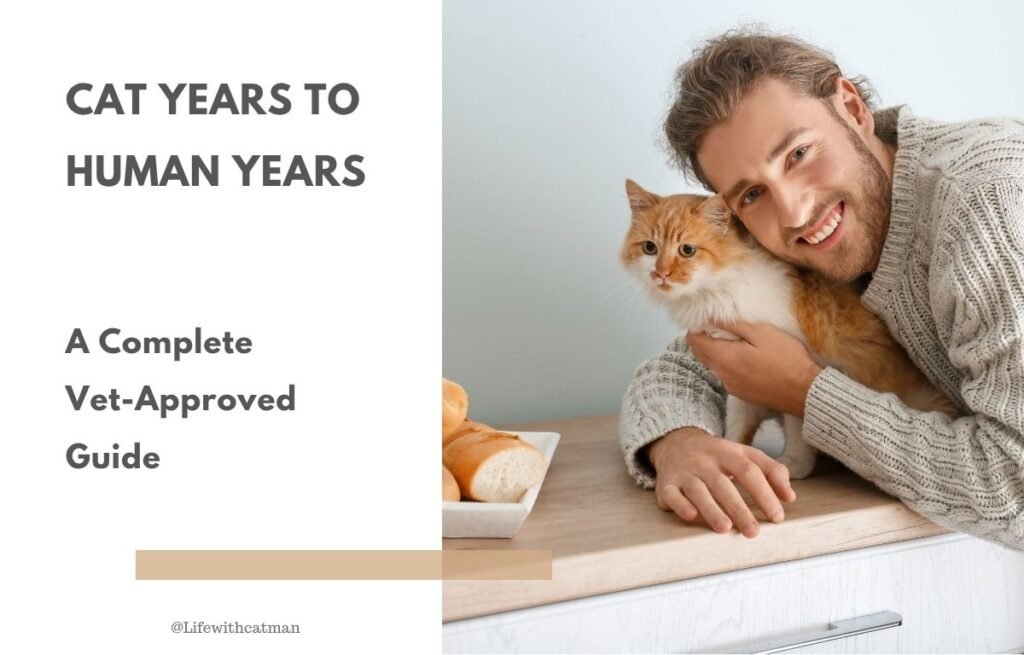 Man smiling and holding a cat, illustrating the bond between cats and humans in an article about calculate cat years to human years.