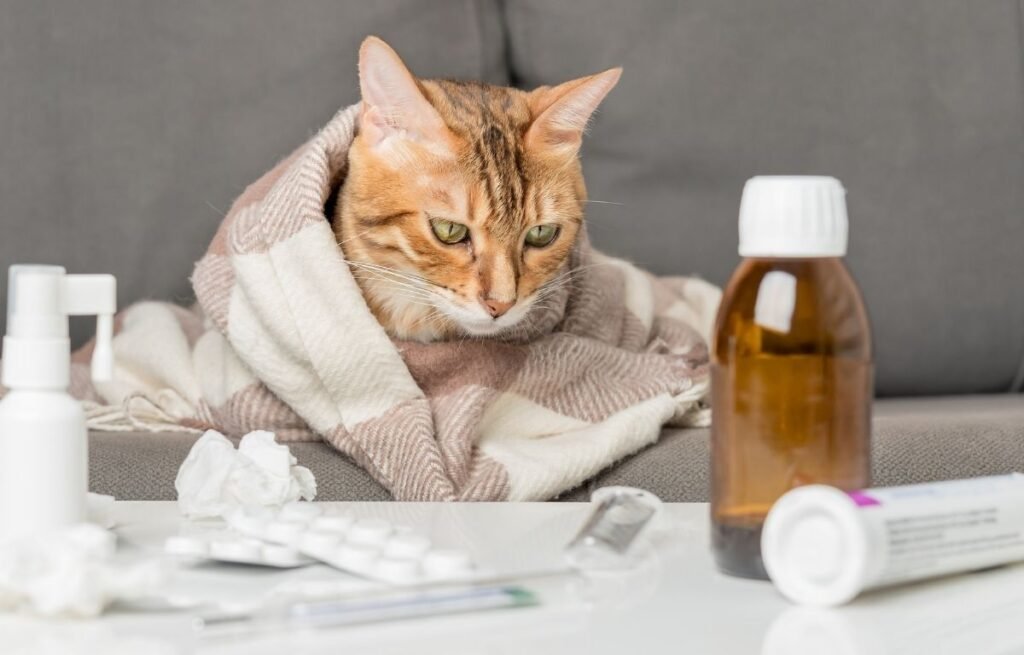 Why Is My Cat Sneezing a Lot — a sick cat wrapped in a blanket with medicine on a table