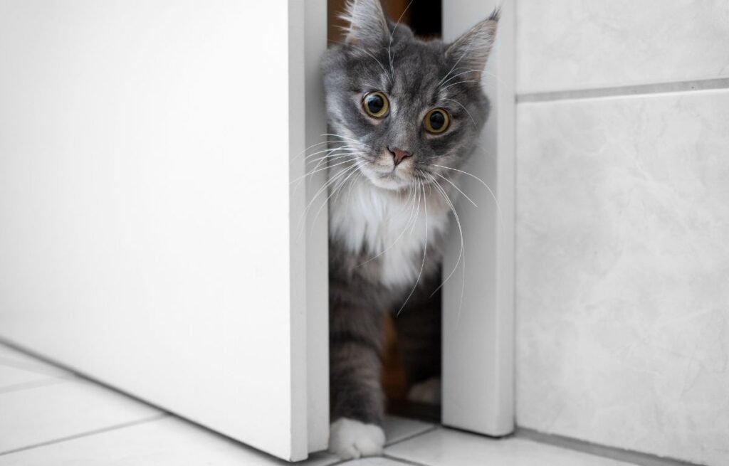 Curious gray cat peeking through a bathroom door — Why Does My Cat Wait Outside the Bathroom?