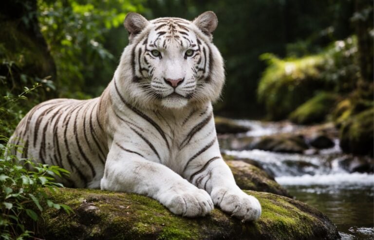 Realistic white tiger standing in a forest environment, rare Bengal tiger genetic variation – White Tigers: Do They Still Exist in the Wild?