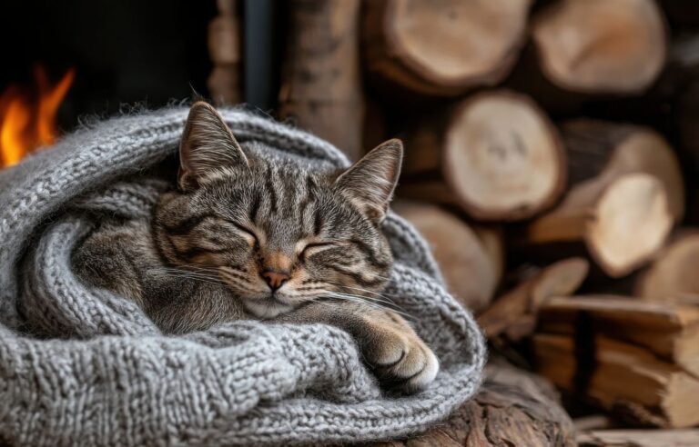 Cats suddenly change where they sleep as a tabby cat rests wrapped in a warm blanket near a fireplace, showing comfort and safety at home – 5 Reasons Cats Suddenly Change Where They Sleep