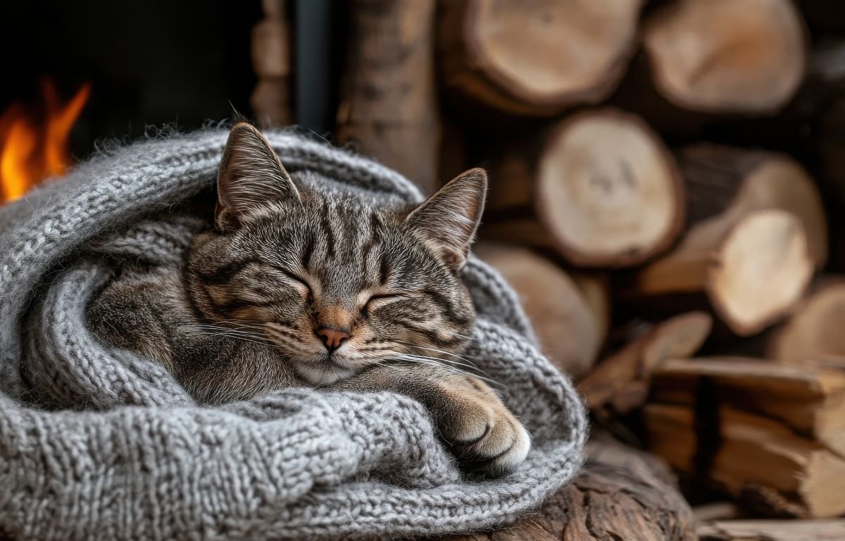 Cats suddenly change where they sleep as a tabby cat rests wrapped in a warm blanket near a fireplace, showing comfort and safety at home – 5 Reasons Cats Suddenly Change Where They Sleep
