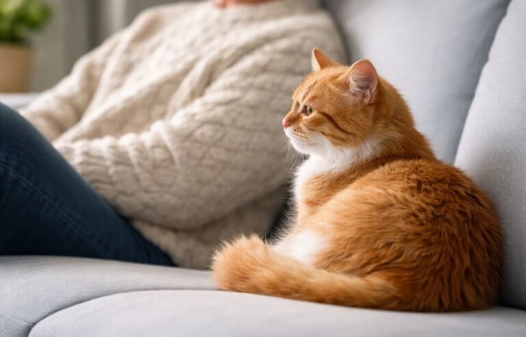 A ginger cat sitting on a couch facing away from its owner, showing trust and calm body language – Why Does My Cat Sit Facing Away From Me? This Is Actually a Good Sign